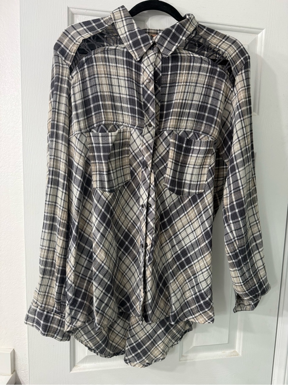 Free People Plaid Button-Up Shirt in Black, Cream, and Tan- Large
